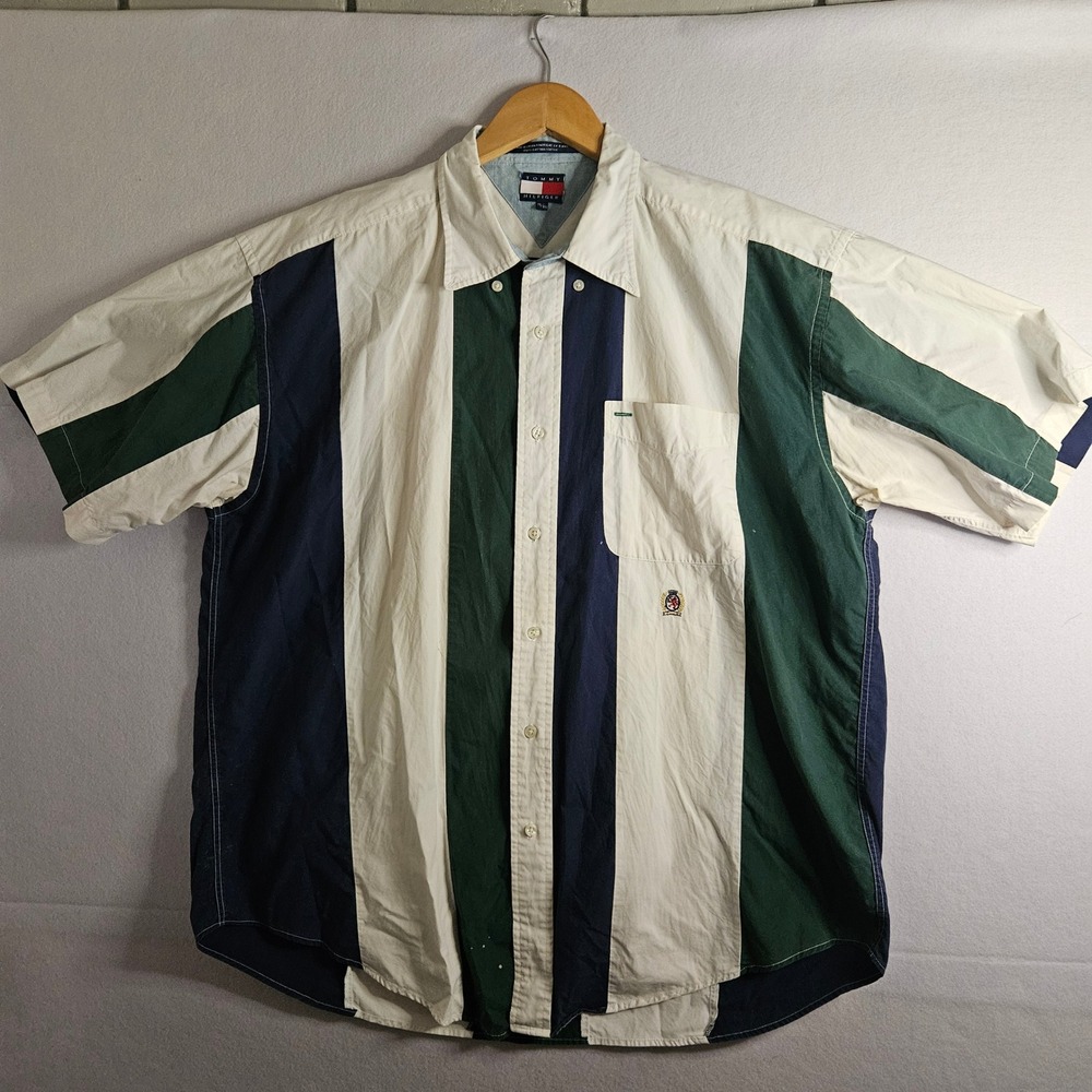 Vintage Tommy Hilfiger Colorblock Shirt Mens XL Green White Navy Crest Logo 90s